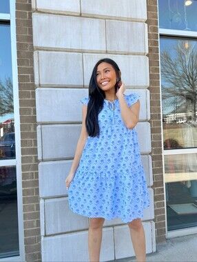 J. Marie Blue Floral V Neck Tiered Ruffle Sleeve Dress